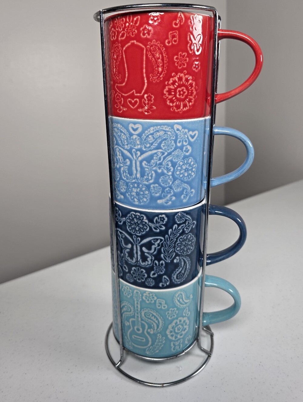 Stackable Ceramic Mug Set in Red, Light Blue, Navy and Teal with Stand
